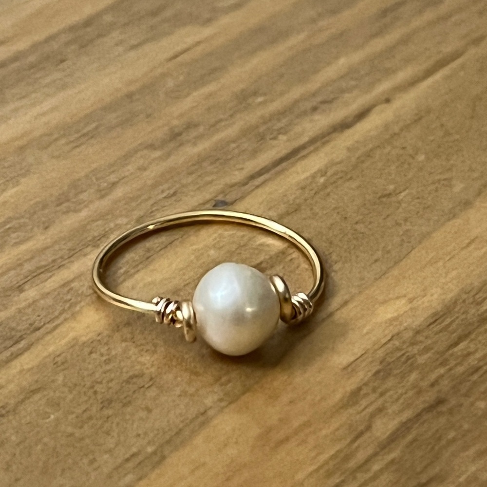 Genuine White Cream Freshwater Pearl Gold Wire Wrapped Women's Ring handmade